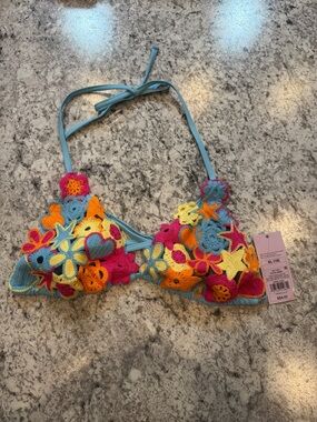 wild fable Light Blue Crochet Triangle Bikini Top with Multicolor Appliqués